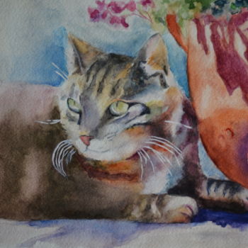 Painting titled "Spring  cat" by Pannochki.Art, Original Artwork, Watercolor