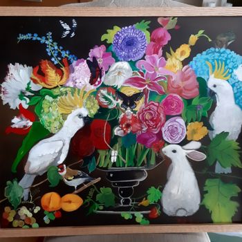 Schilderij getiteld "Bouquet with birds" door Paola Iacovone, Origineel Kunstwerk, Olie