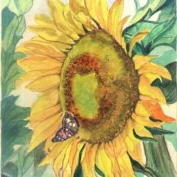 Painting titled "girasole_e_farfalla…" by Lenci Paola, Original Artwork, Oil