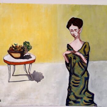 Painting titled "Still Life con donn…" by Paolo Erriu, Original Artwork, Watercolor Mounted on Wood Stretcher frame