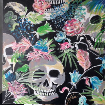 Painting titled "Skull fleurit" by Herve Richard, Original Artwork, Acrylic