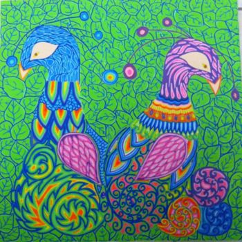 Картина под названием "Les oiseaux du para…" - Virginie Bazin, Подлинное произведение искусства, Масло
