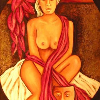 Pittura intitolato "Nudo seduto con mas…" da Gino Paradisi, Opera d'arte originale