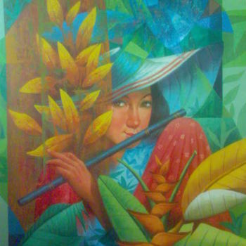 Peinture intitulée "Lady w/ flute" par Pempem, Œuvre d'art originale, Huile