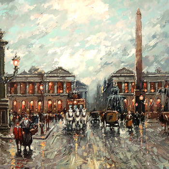 Painting titled "Place de la Concord…" by Paris Street Scene, Original Artwork, Oil Mounted on Wood Stretcher frame