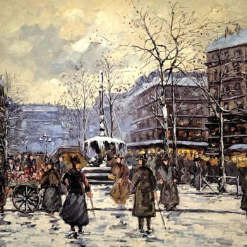 Painting titled "Place du Théâtre de…" by Paris Street Scene, Original Artwork, Oil Mounted on Wood Stretcher frame