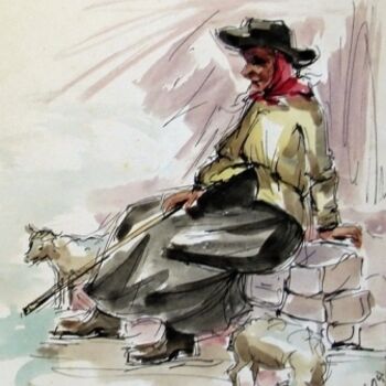 Painting titled "Pastora (aguarela)" by Aníbal Ruivo, Original Artwork