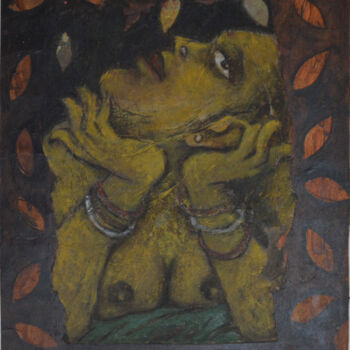 Painting titled "lady in Dream" by Partha Mondal, Original Artwork, Acrylic Mounted on Cardboard