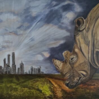 Painting titled "Rhino face au monde" by Pascal Bourgouin, Original Artwork, Oil Mounted on Wood Stretcher frame