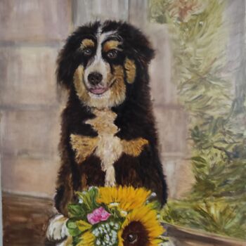 Painting titled "Le chien fleuri" by Pascal Bourgouin, Original Artwork, Oil