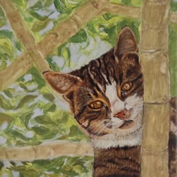 Painting titled "CHAT BAMBOU" by Pascal Bourgouin, Original Artwork, Oil