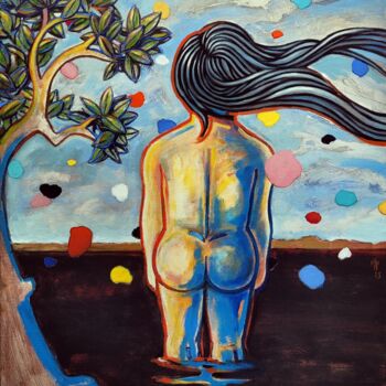 Painting titled "Le bain" by Pascal Buffard, Original Artwork, Oil Mounted on Wood Stretcher frame