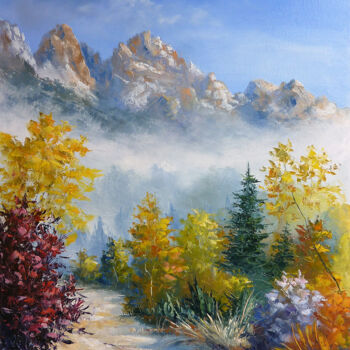 Painting titled "montagne brumeuse" by Pascal Clus, Original Artwork, Oil