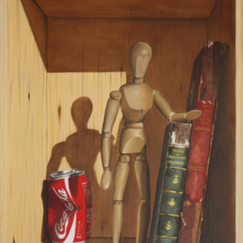 Schilderij getiteld "Accoudé aux livres" door Pascal Genevois, Origineel Kunstwerk, Olie