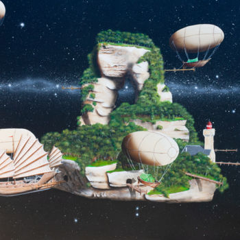 Painting titled "Astroport" by Pascal Genevois, Original Artwork, Acrylic Mounted on Wood Stretcher frame