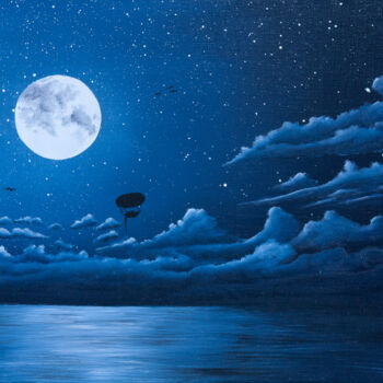 Malarstwo zatytułowany „Clair de lune 01” autorstwa Pascal Genevois, Oryginalna praca, Olej Zamontowany na Drewniana rama no…