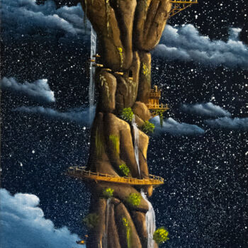 Painting titled "Le menhir" by Pascal Genevois, Original Artwork, Oil Mounted on Wood Stretcher frame