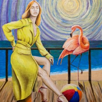 제목이 "Psychedelic Flamingo"인 미술작품 Pascal Herve로, 원작, 기름 나무 들것 프레임에 장착됨