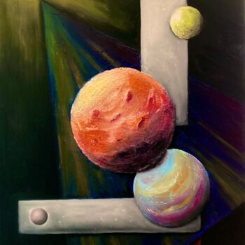 Painting titled "Pluto System" by Pascal Herve, Original Artwork, Oil Mounted on Wood Stretcher frame