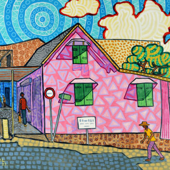 Painting titled "Pink house in Maheb…" by Pascal Lagesse, Original Artwork, Acrylic Mounted on Wood Stretcher frame