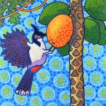 Malarstwo zatytułowany „Bulbul bird and pap…” autorstwa Pascal Lagesse, Oryginalna praca, Akryl Zamontowany na Drewniana ram…