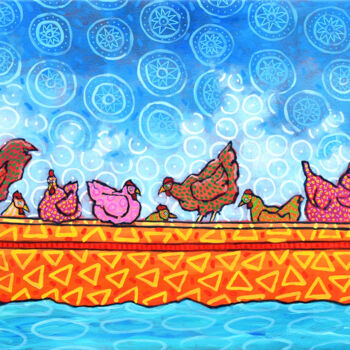 Painting titled "Chickens on a boat" by Pascal Lagesse, Original Artwork, Acrylic Mounted on Wood Stretcher frame