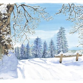 Peinture intitulée "Neige sur  le banc" par Pascal Lenoble, Œuvre d'art originale, Aquarelle