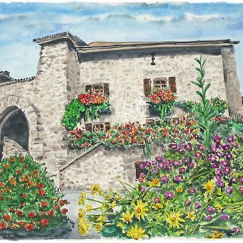 Painting titled "Château Yvoire" by Pascal Lenoble, Original Artwork, Watercolor