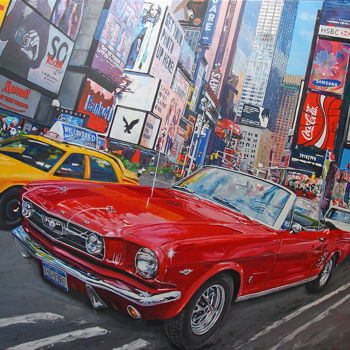 Painting titled "Ford Mustan GT Cabr…" by Pascal Lenoble, Original Artwork, Oil Mounted on Wood Stretcher frame