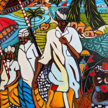 Painting titled "Procession balinaise" by Pascal Milcendeau, Original Artwork, Acrylic Mounted on Wood Stretcher frame