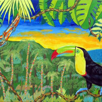 Painting titled "Toucan le fou" by Pascal Poutchnine, Original Artwork, Acrylic Mounted on Wood Stretcher frame