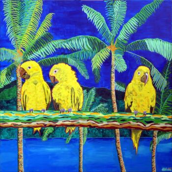 Painting titled "1, 2, 3... (conures…" by Pascal Poutchnine, Original Artwork, Acrylic Mounted on Wood Stretcher frame