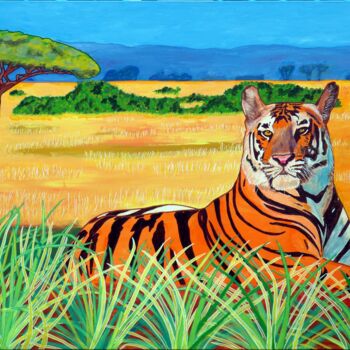Painting titled "Un tigre dans la sa…" by Pascal Poutchnine, Original Artwork, Acrylic Mounted on Wood Stretcher frame