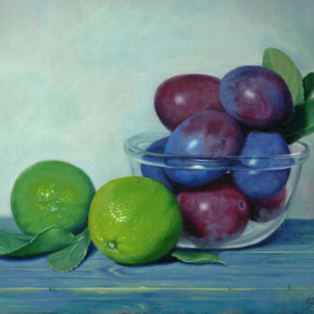 Painting titled "Citrons verts et pr…" by Pascal Roskam, Original Artwork, Oil