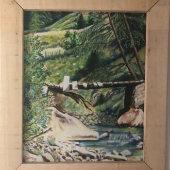 Schilderij getiteld "Le vieux pont" door Pascal Roubaud, Origineel Kunstwerk, Olie Gemonteerd op Houten paneel