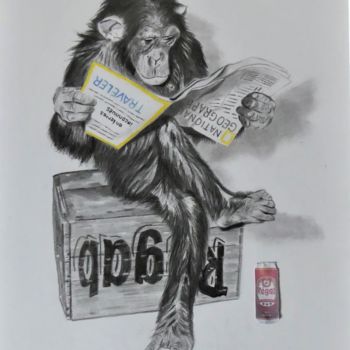 Рисунок под названием "Le chimpanzé à la R…" - Pascale Scheip, Подлинное произведение искусства, Графит