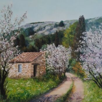Painting titled "Chemin des amandiers" by Pascale Harnisch, Original Artwork, Oil