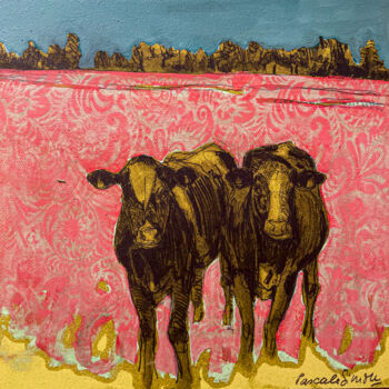 Pintura intitulada ""Vaches de saison"…" por Pascale Simon, Obras de arte originais, Lápis Montado em Armação em madeira