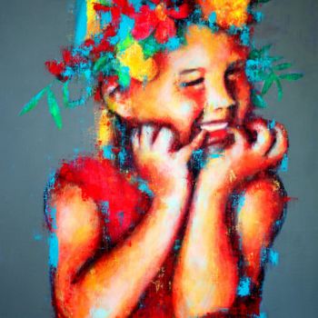 Painting titled "Young girl with flo…" by Pascale White, Original Artwork, Acrylic