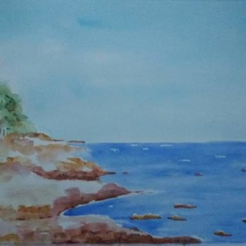 Painting titled "Mer et rochers" by Pascale Coutoux, Original Artwork, Watercolor