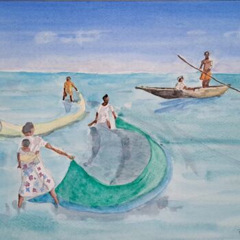 Malerei mit dem Titel "Les pêcheurs Vezo" von Pascale Coutoux, Original-Kunstwerk, Aquarell