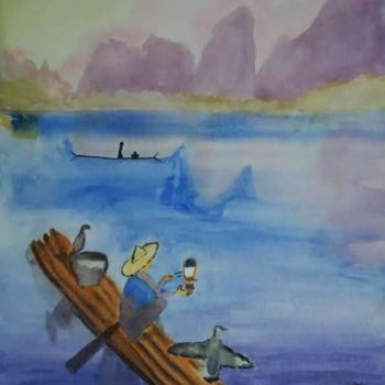 Schilderij getiteld "Pêcheur vietnamien" door Pascale Coutoux, Origineel Kunstwerk, Aquarel