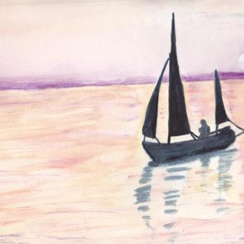 Pintura intitulada "coucher de soleil s…" por Pascale Coutoux, Obras de arte originais, Aquarela