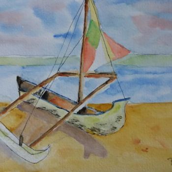 Painting titled "pirogue à balancier…" by Pascale Coutoux, Original Artwork, Watercolor