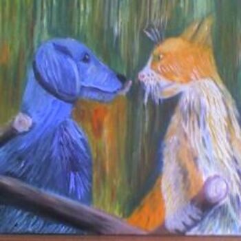 Painting titled "chien et chat" by Pascale Kleinberg, Original Artwork, Oil