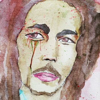 Schilderij getiteld "Bob Marley" door Pascal Bonnecaze, Origineel Kunstwerk, Aquarel