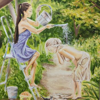 Two girls in the garden and a cat. Erotic painting