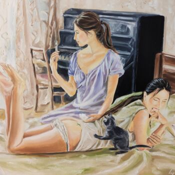 Two beautiful naked girls on the bed. "Vaccination"