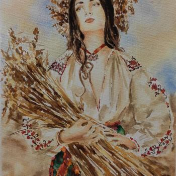 Painting titled "Ukrainian woman in…" by Pasha Laponog, Original Artwork, Watercolor