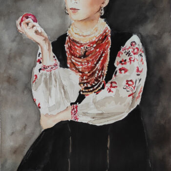 Картина под названием "Ukrainian woman wit…" - Pasha Laponog, Подлинное произведение искусства, Акварель